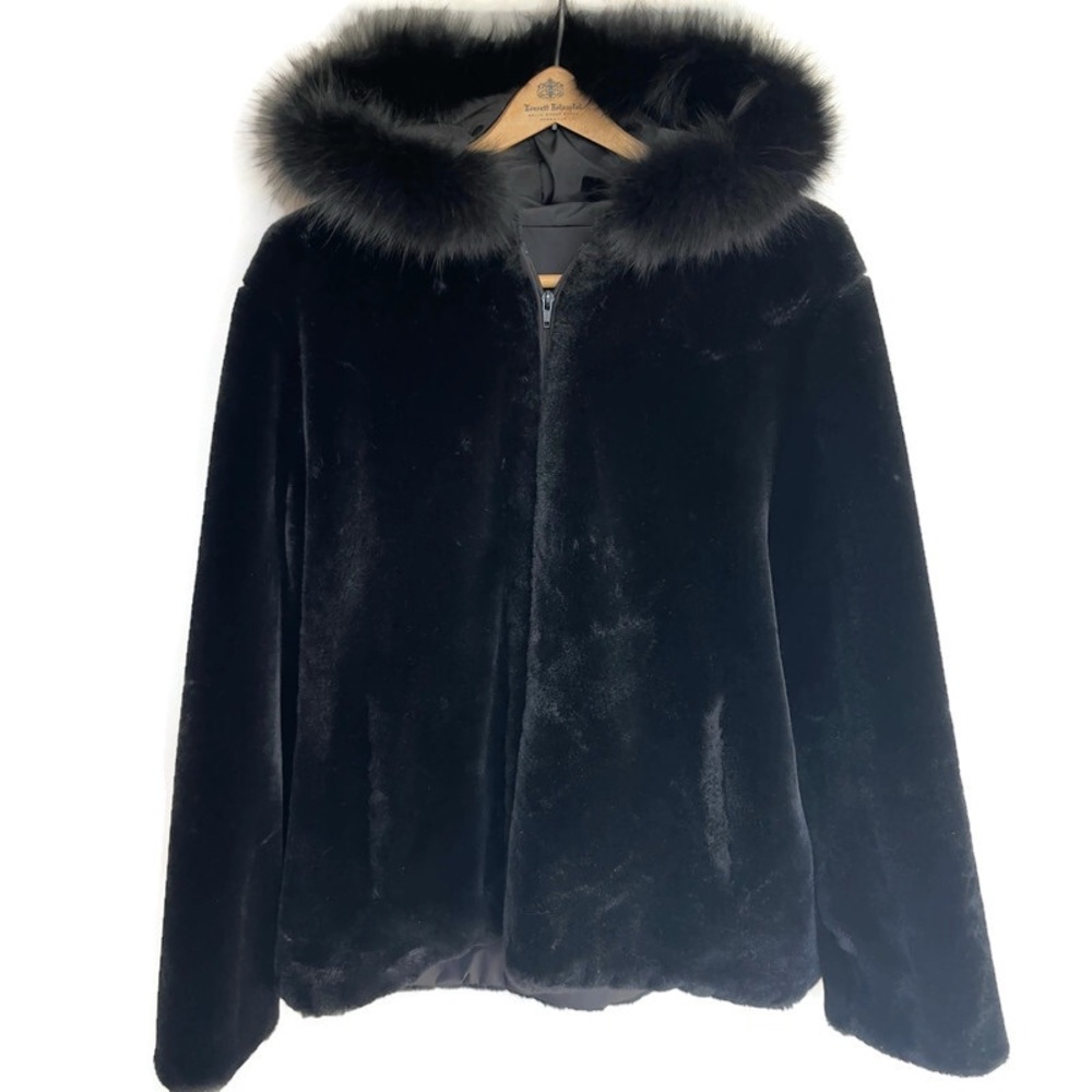 Vintage Calvin Klein Reversible Coat, Fox Fur Collar, Hooded Faux Fur Jacket, L